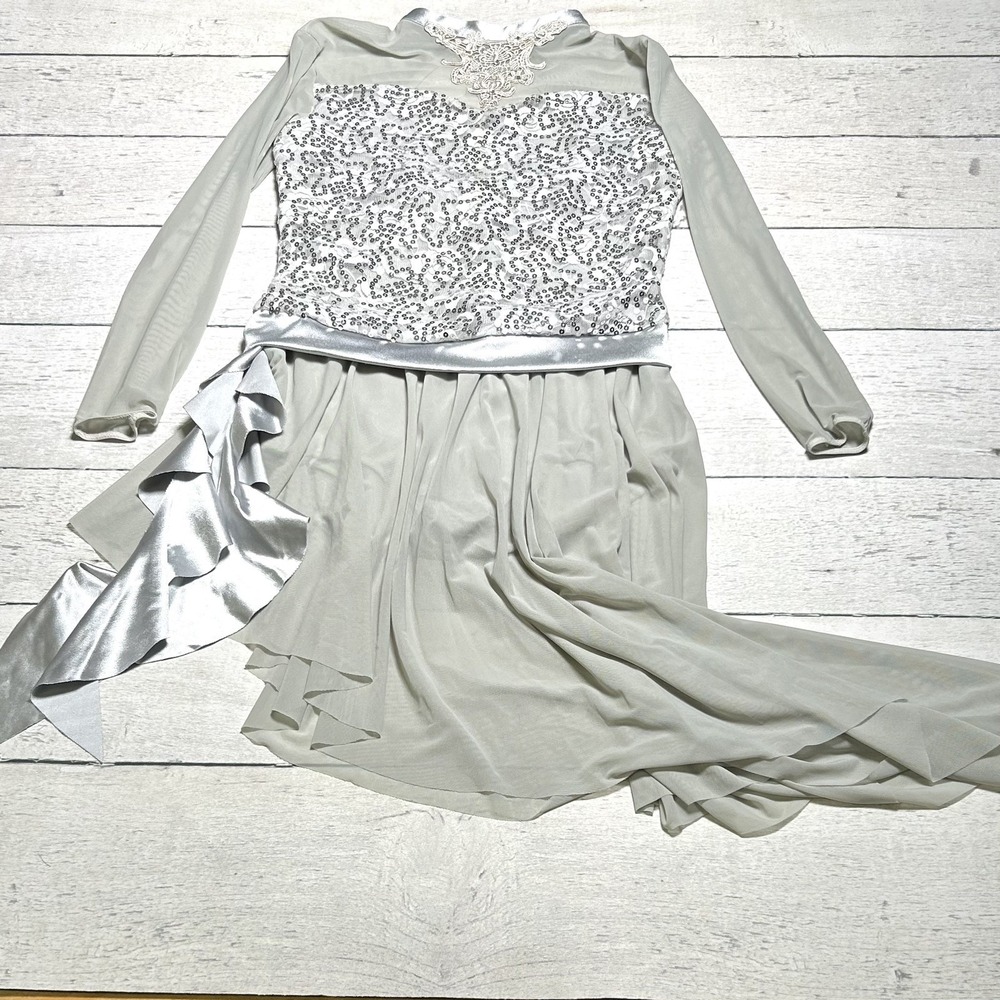 Revolution Dancewear Silver Lyrical Dance Costume Girls Large Sequined Skirted